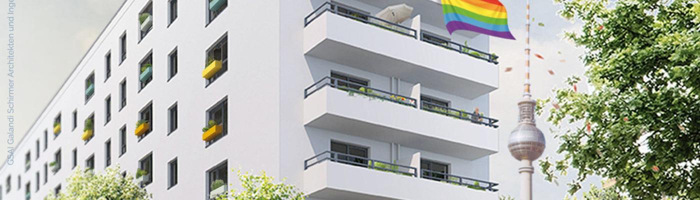 Fiktives 3D-Image des Hauses mit Regenbogenflagge, die von einem der Balkone weht.