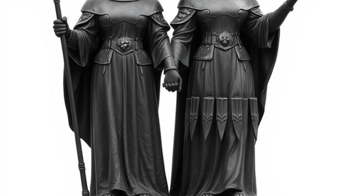 zwei Nonnen auf Sockel, eine hält weiße Rose die andere Doppelaxt, beide halten Hände, Inschrift 'Wo Nemesis richtet wird Frieda blühen'